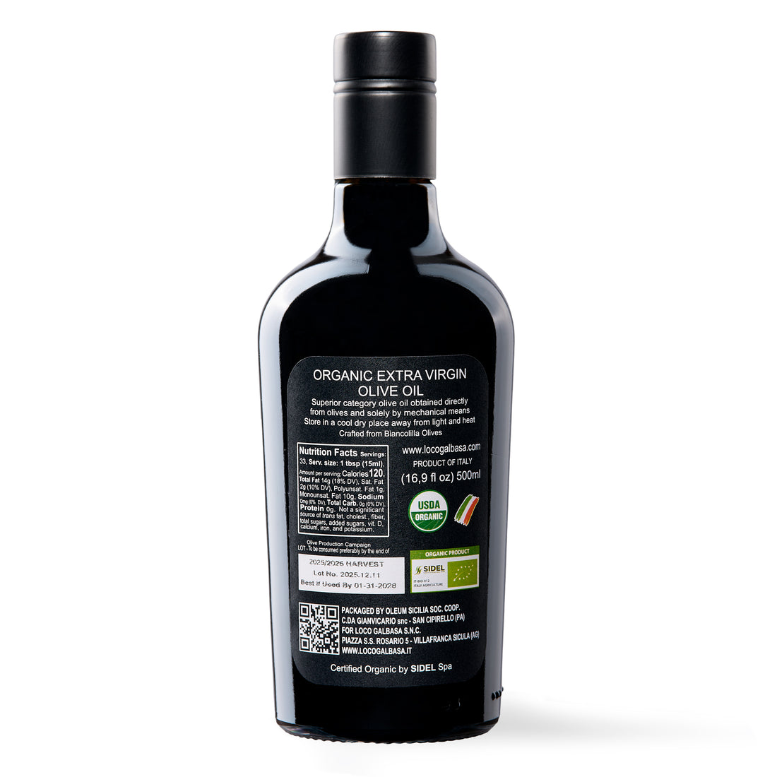 Galbasa - Organic Olive Oil from Sicily, Italy - Extra Virgin, First Cold Pressed, Early Harvest - Polyphenol Rich, Peppery Finish, No Pesticides - 16.9 fl oz